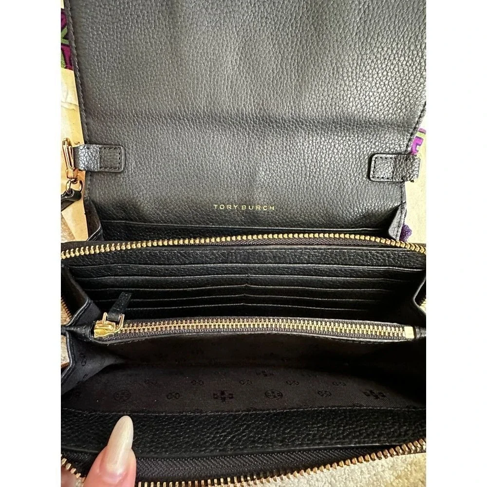 Tory Burch Miller Wallet Crossbody Bag Black Pebbled Leather Gold Hardware Logo
